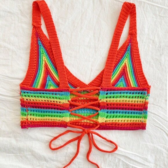 Multicolor Boho Women's Sexy Color Blocked Bikini Top - Picture 5 of 7